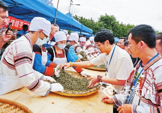 近日，景洪市基諾山鄉(xiāng)大鼓民族文化廣場(chǎng)茶香四溢，熱鬧非凡，2016攸樂(lè)古茶文化節(jié)在這里舉行。參賽茶農(nóng)選手專注地翻炒茶葉鮮葉，進(jìn)行傳統(tǒng)手工制茶技藝的擂臺(tái)賽。